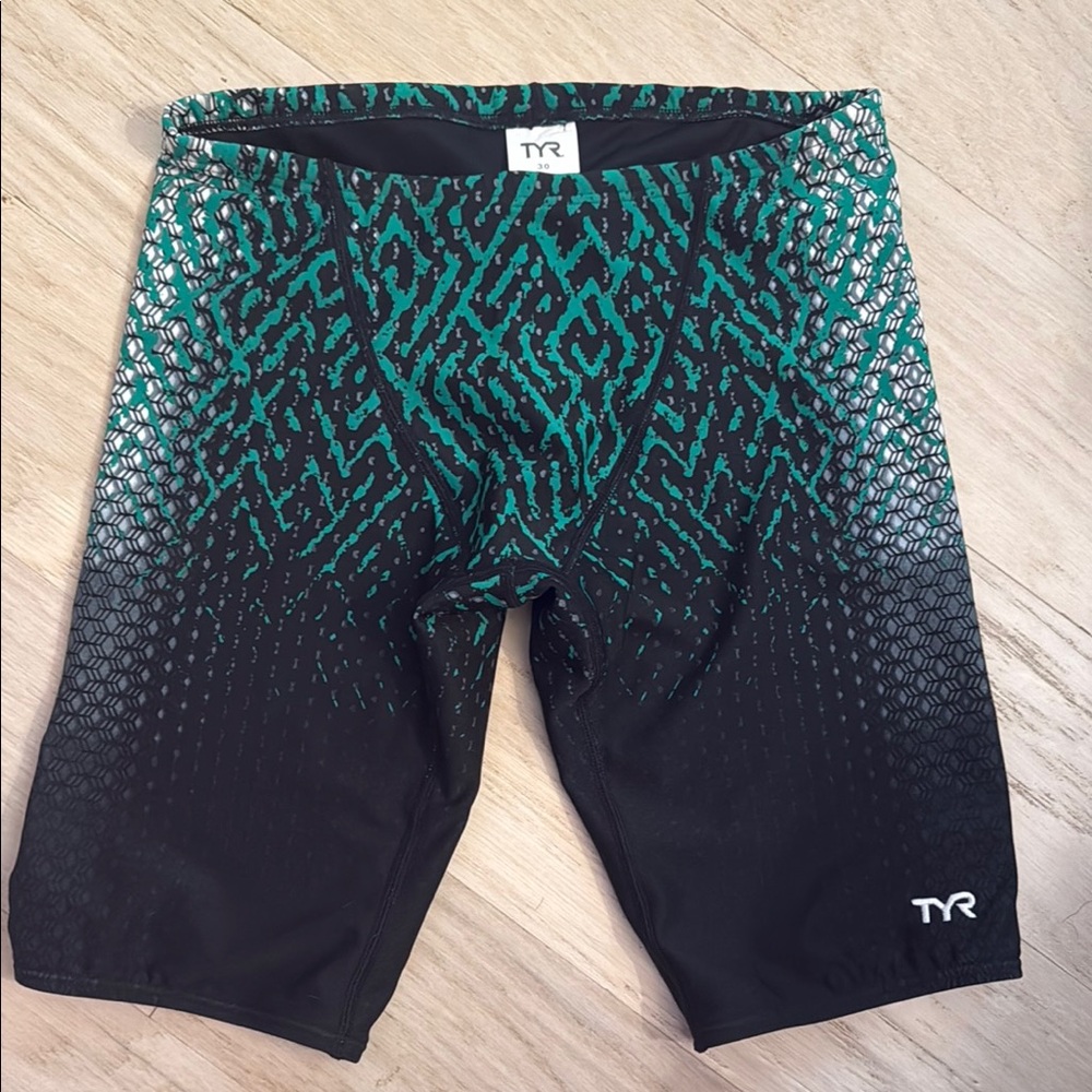 TYR Men's Swim Jammers with Teal and Black Design